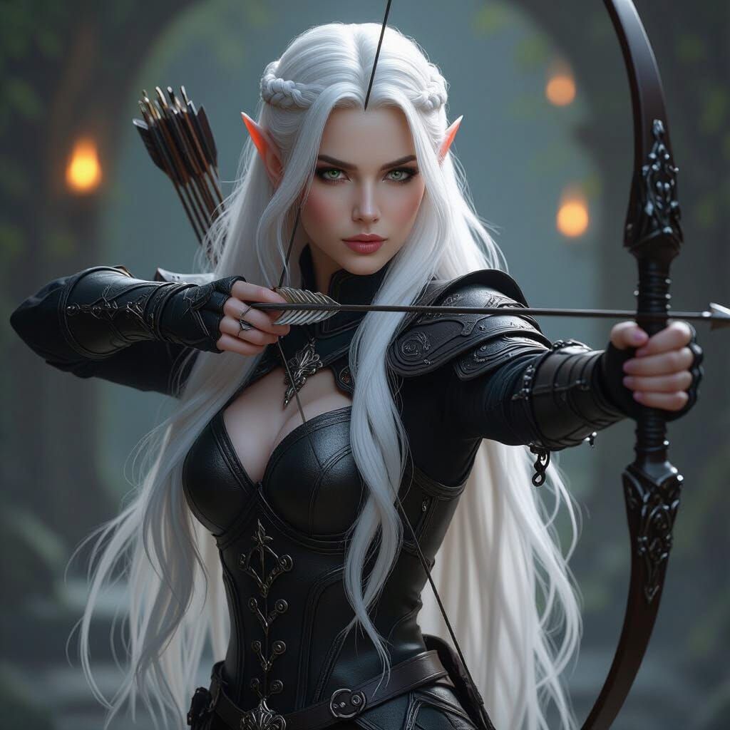 Hyperrealistic Elf Archer in Black Armor
