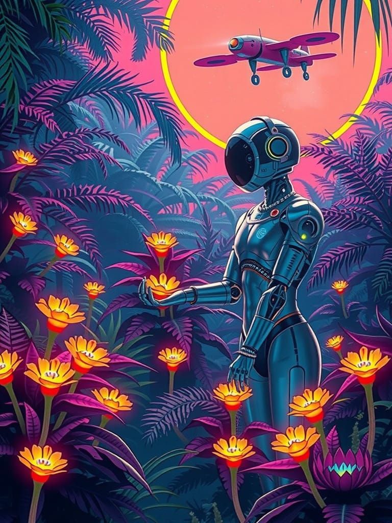 Retro Futuristic Alien Oasis Blooms in Neon