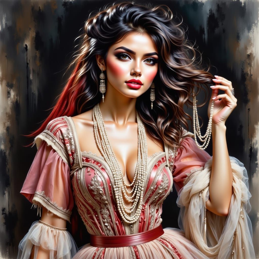 Elegant Woman with Pearl Necklace in Acrylic Watercolor