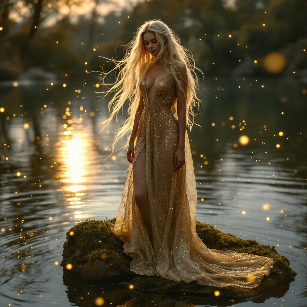 A serene scene of a woman with long, flowing blonde hair, A figure caught mid-glitch in a digital world. standing on a m...