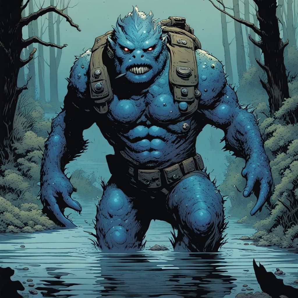 Fish-Man Monster in Swamp: Comic Book Art