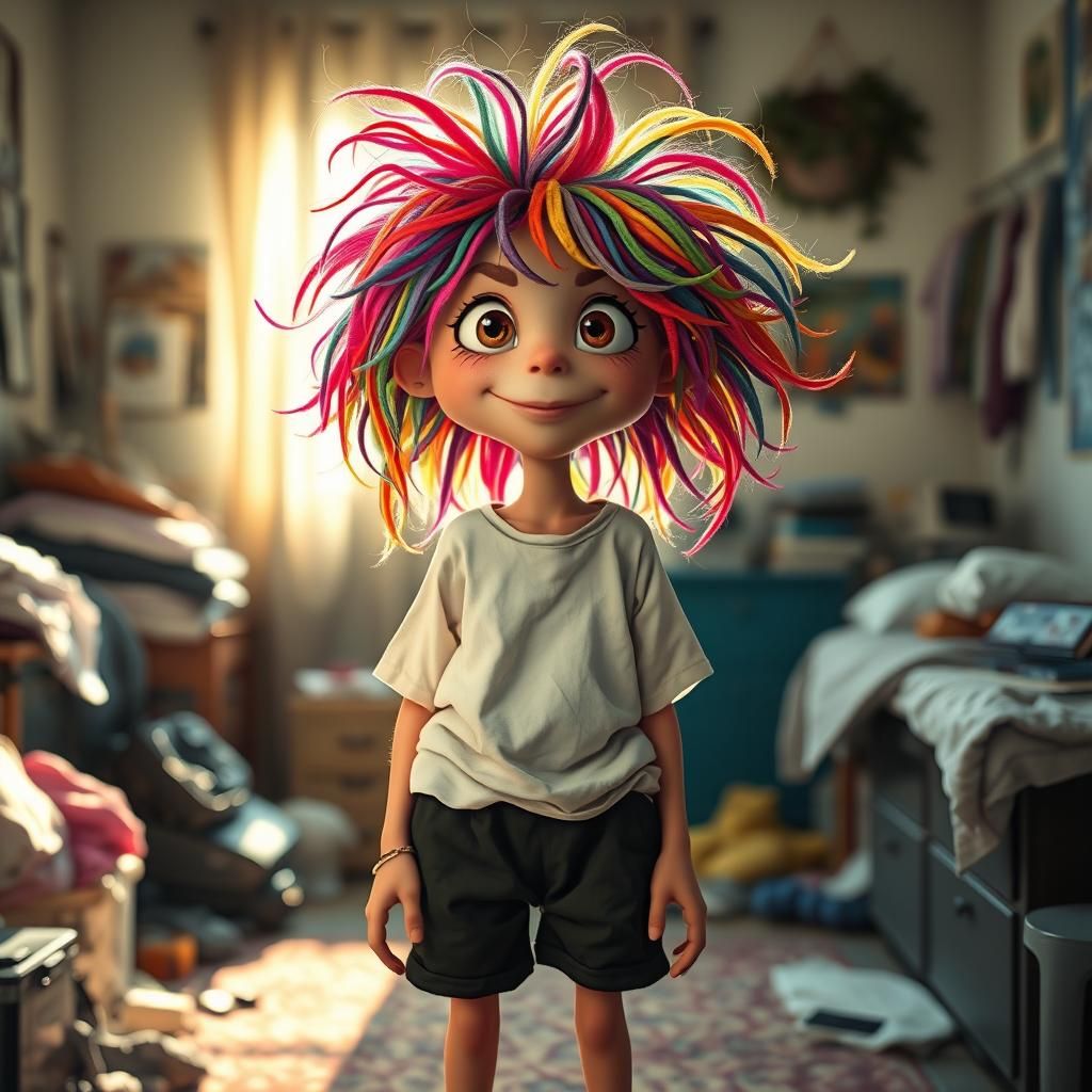 Imaginative Creature with Colorful Hair in Cluttered Room