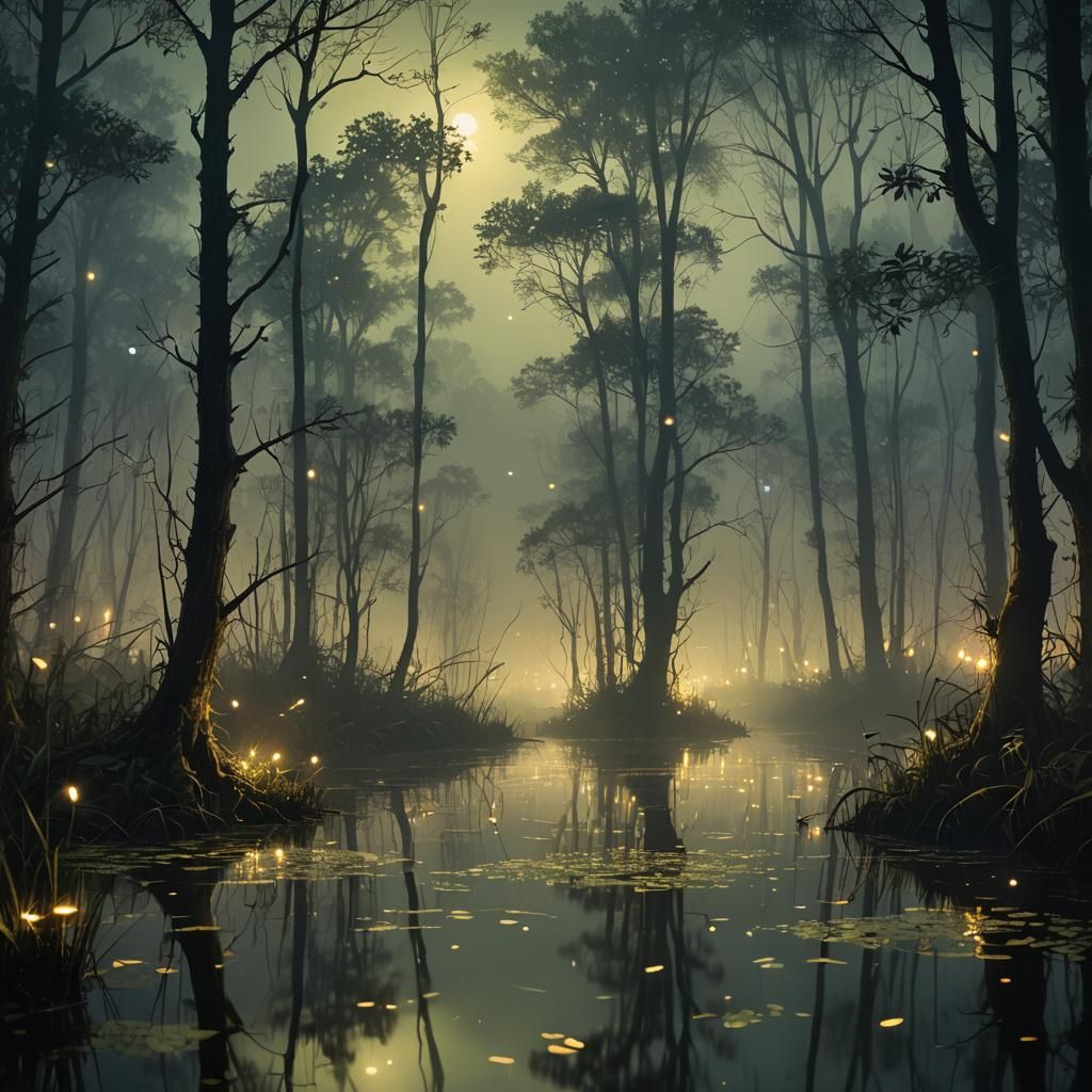 Fireflies Dance in Misty Swamp: Ethereal Night