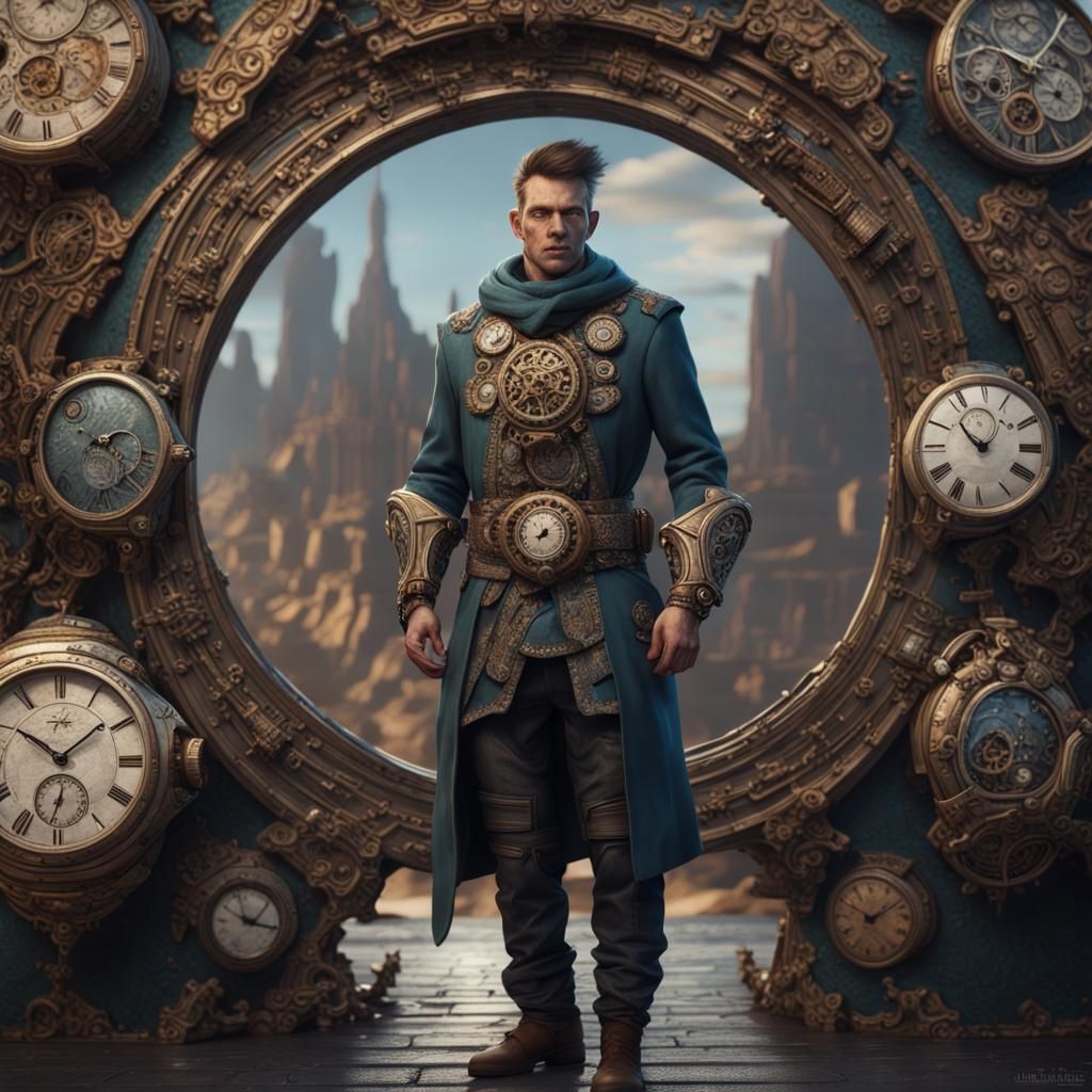Man's Watch-Adorned Belt: Detailed Fantasy Art