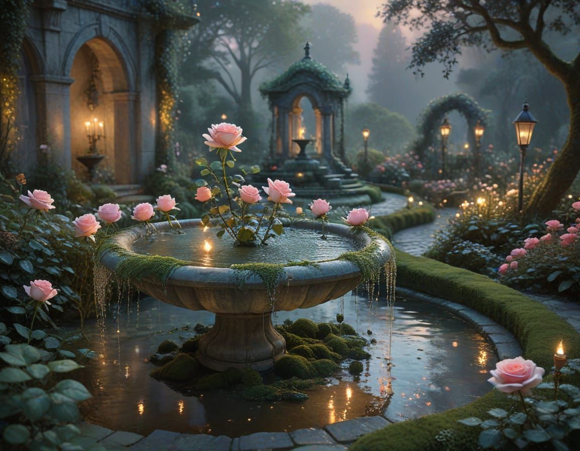 Ethereal Rose Above Fountain at Twilight