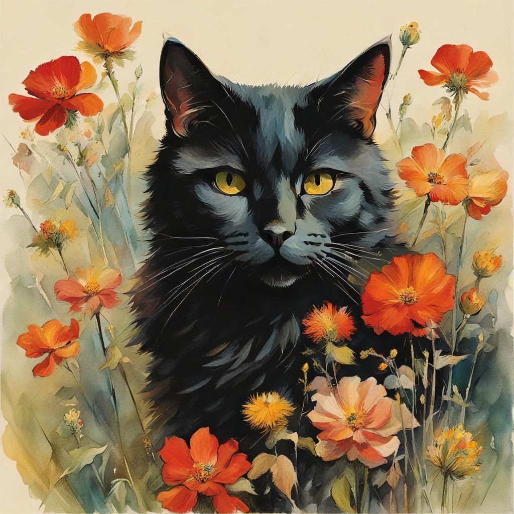 Cat on Pillow with Flowers in Symbolist Style