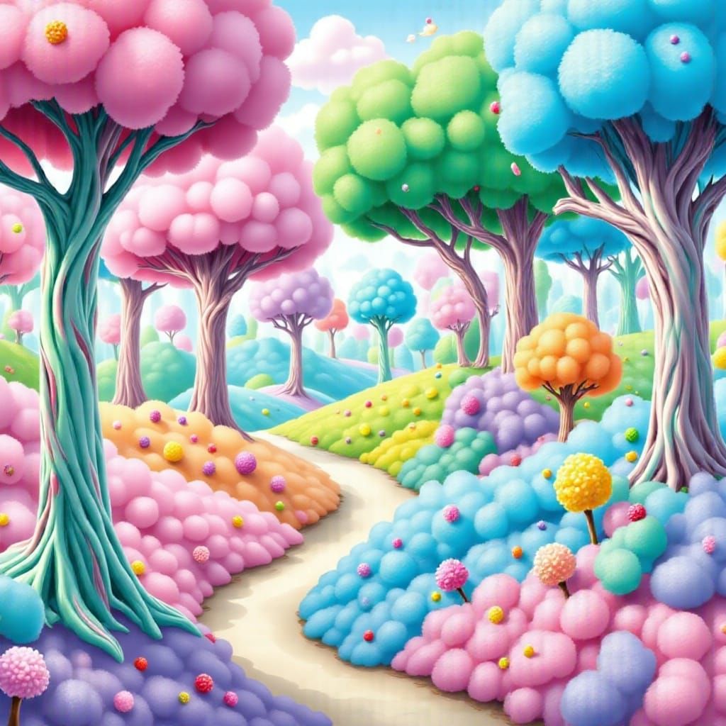 Whimsical Fantasy Landscape with Cotton Candy Trees in Paste...
