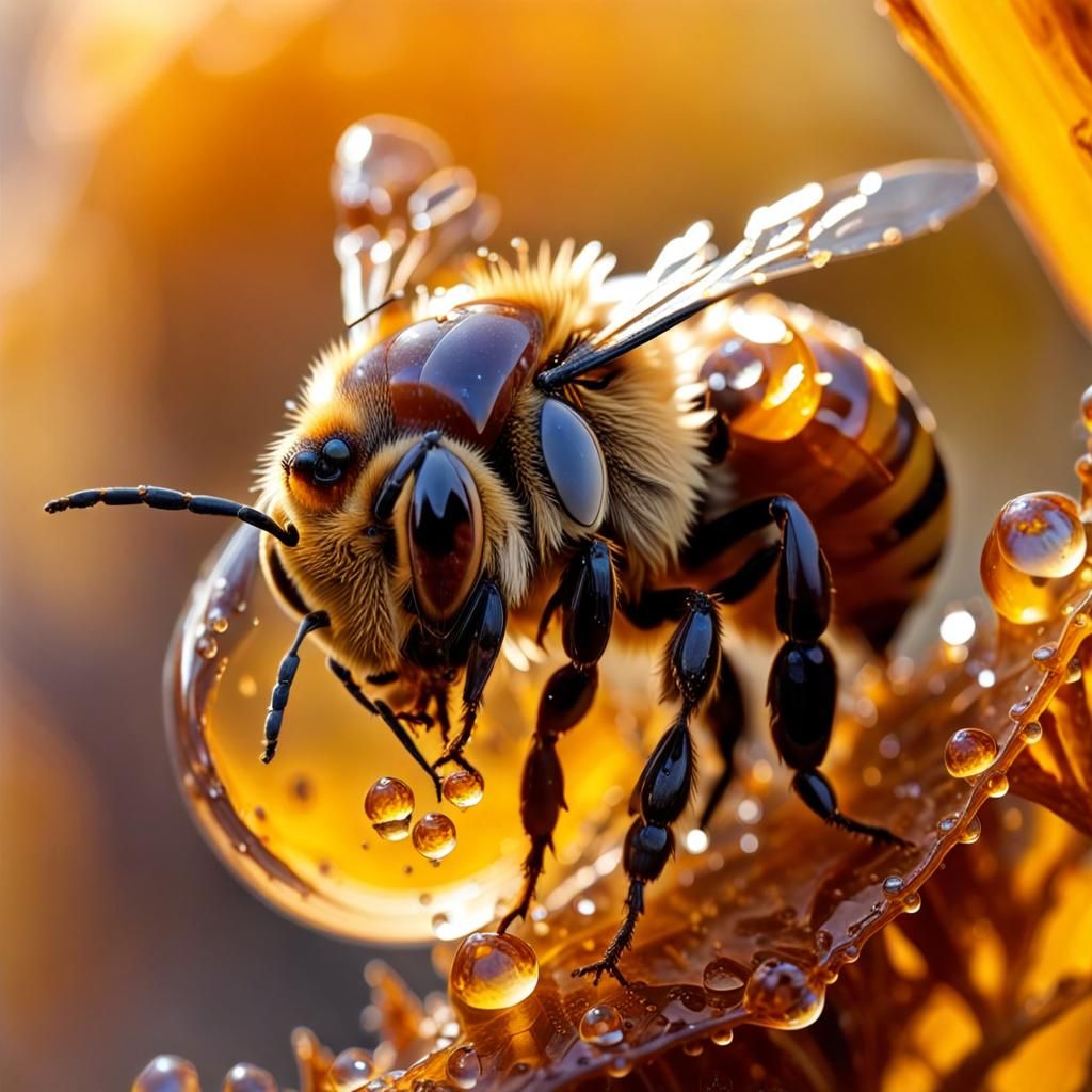 Bee in Amber: Macro Photography with Dew Drops