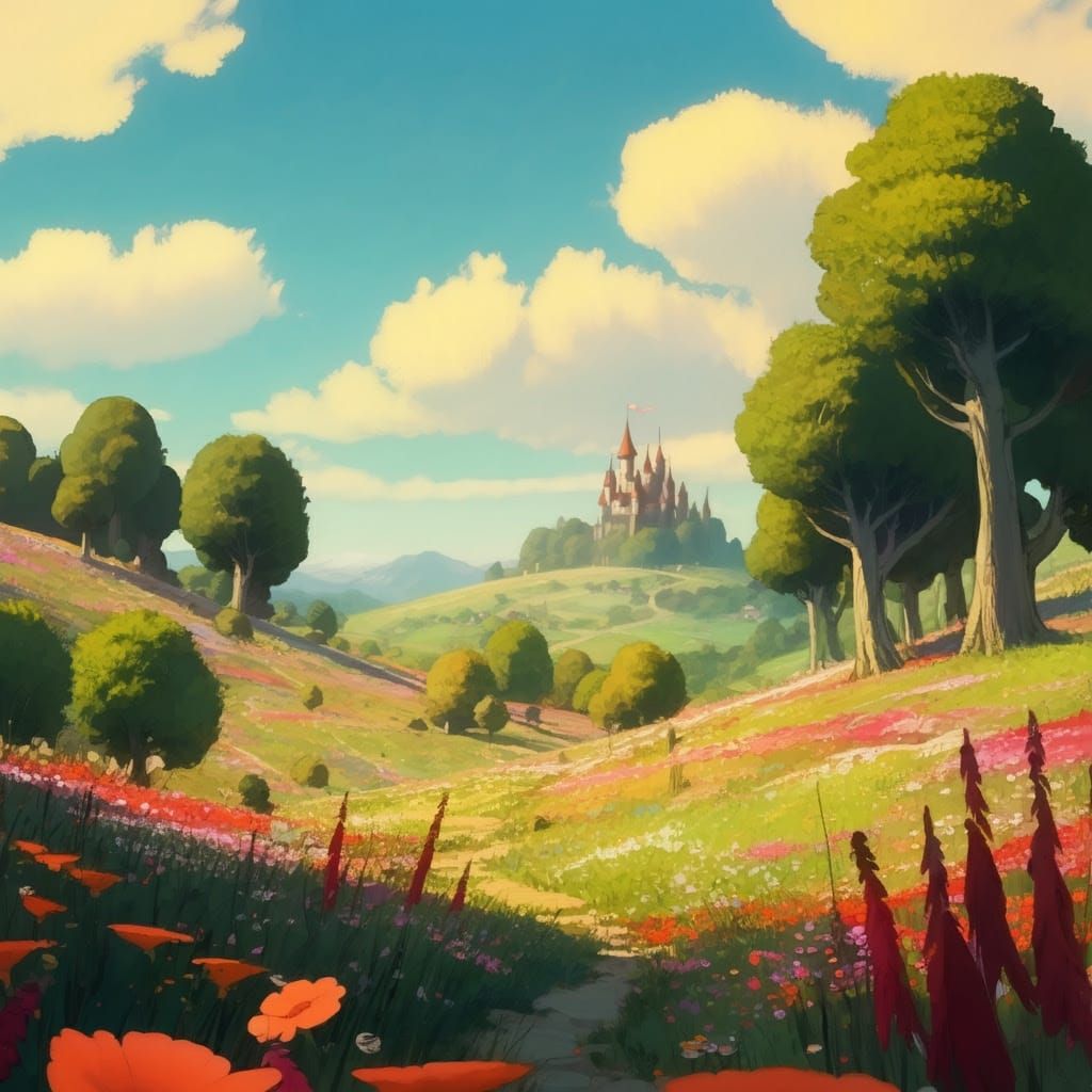 Enchanting Landscape with Castle in Whimsical Style