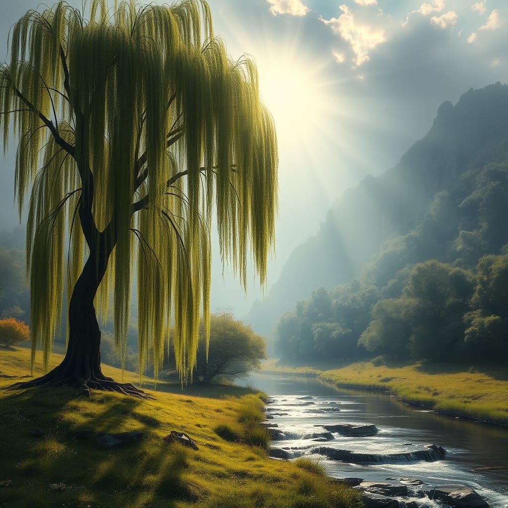 Epic Willow Tree Beside Stream with Dramatic Sunlight