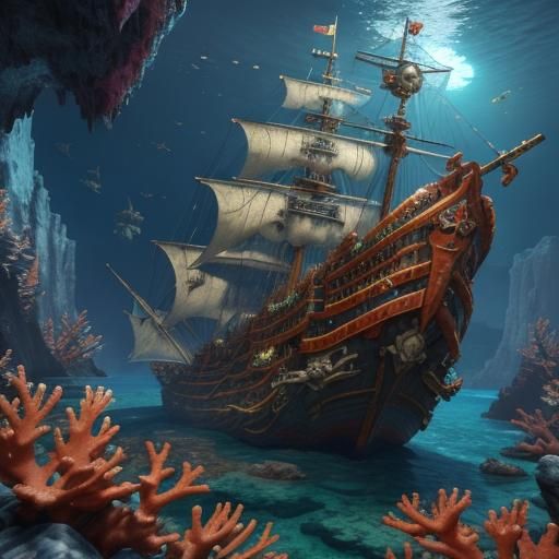 Underwater Pirate Crab Ship on Coral Cliffs
