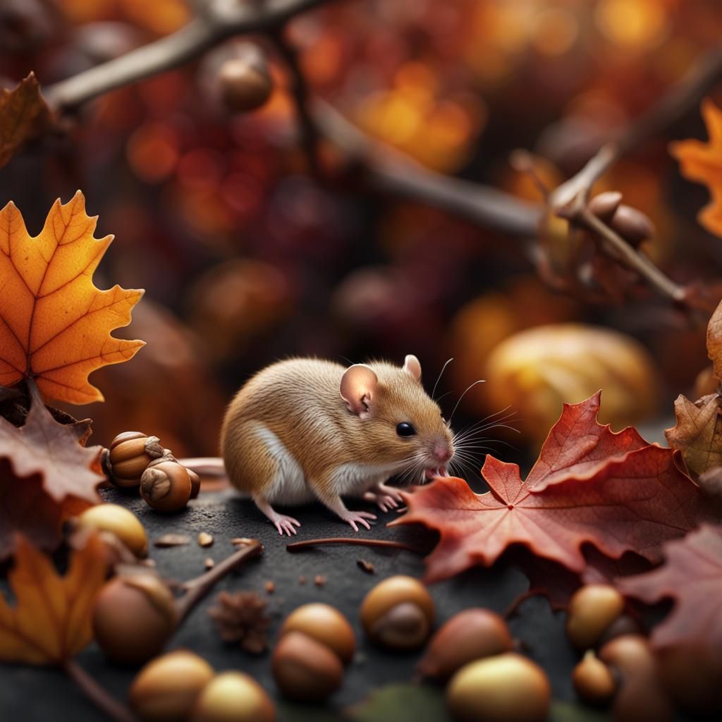 Harvest Mouse Asleep Amongst Autumn Leaves: Hyperrealistic P...
