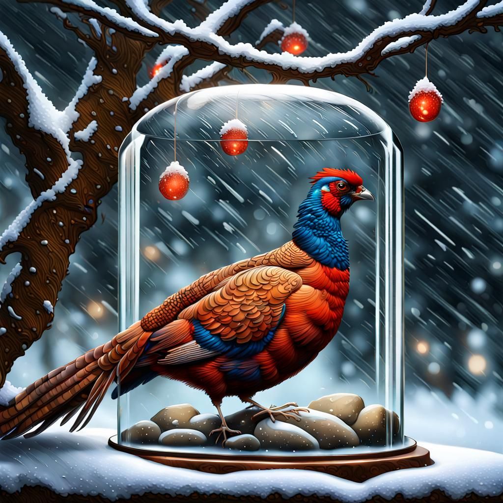 Pheasant in Glass Dome Under Night Snowfall