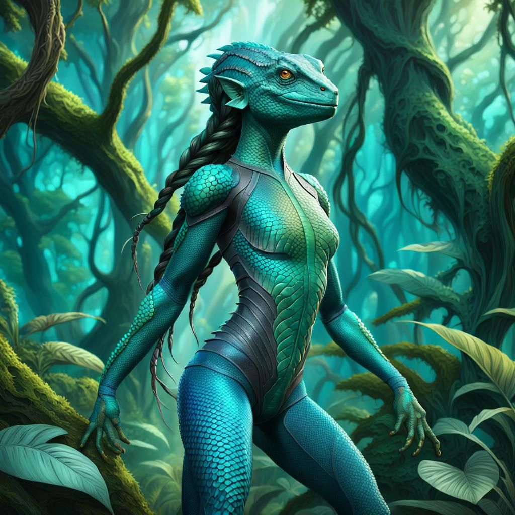 Lizard Woman in Jungle Clearing: Fantasy Concept Art