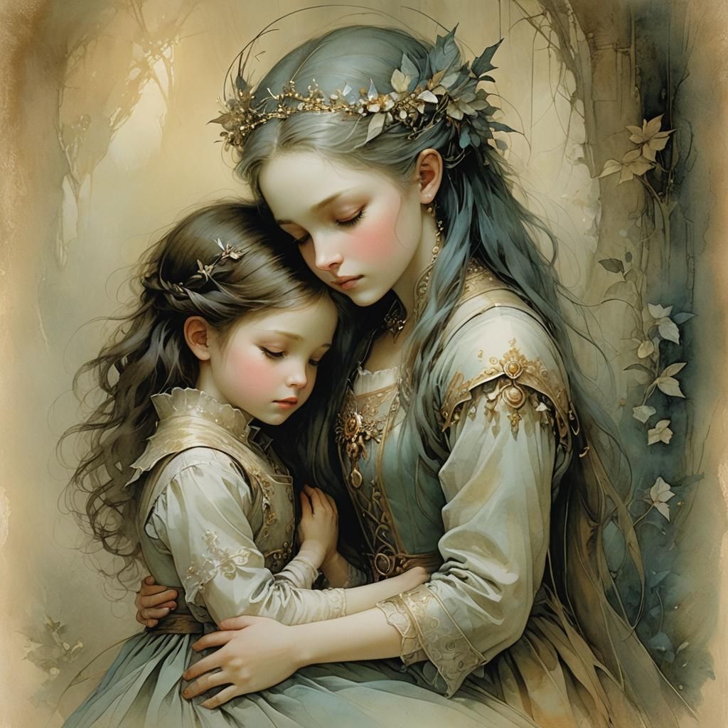 Sisterly Love: Surreal Comfort in Dreamlike Art