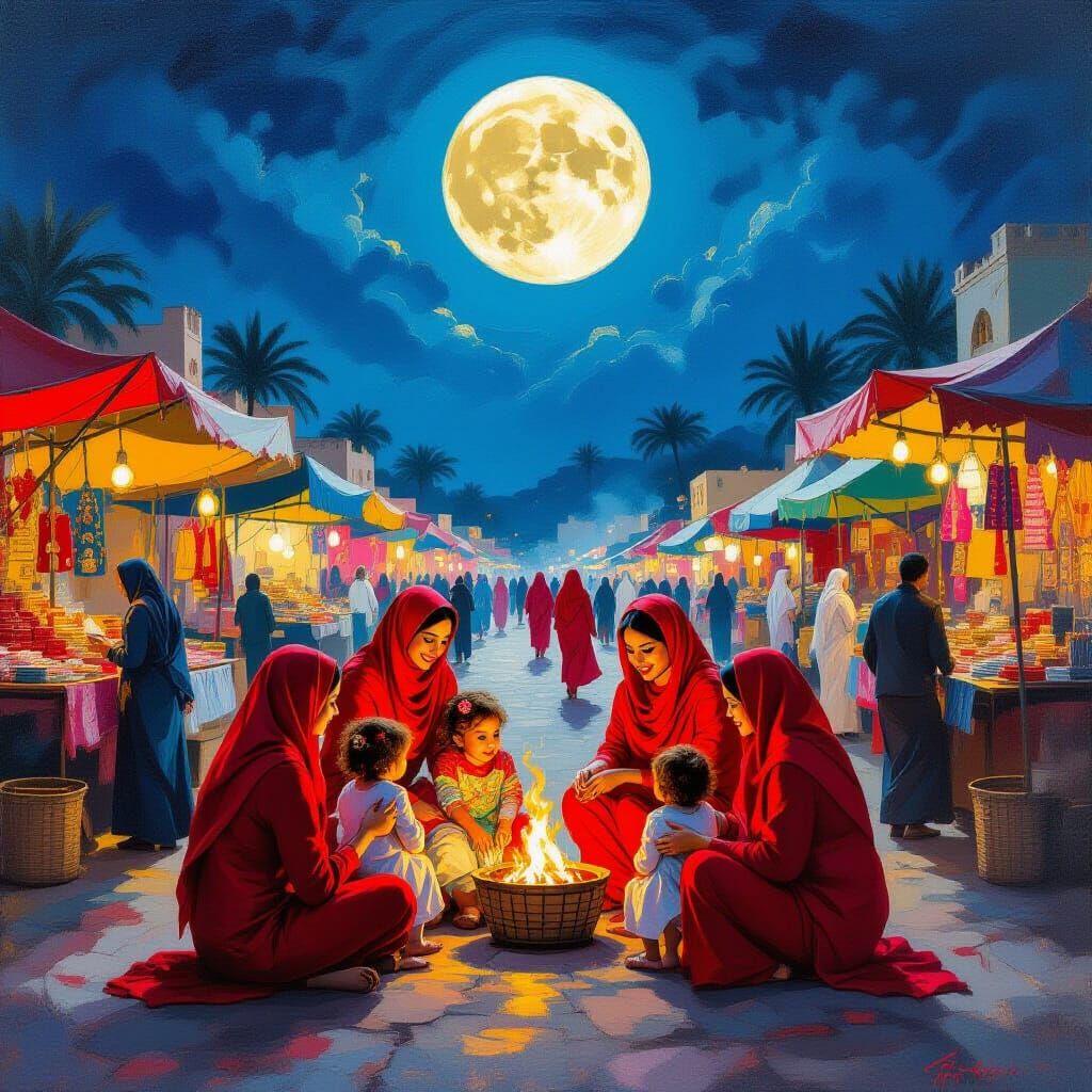 Vibrant Arab Women's Night Market Under Full Moon