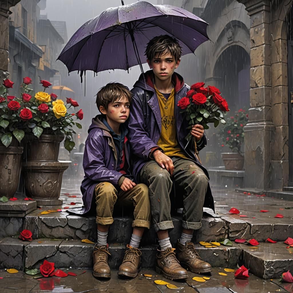 Boy with Umbrella in Dark Fantasy Style