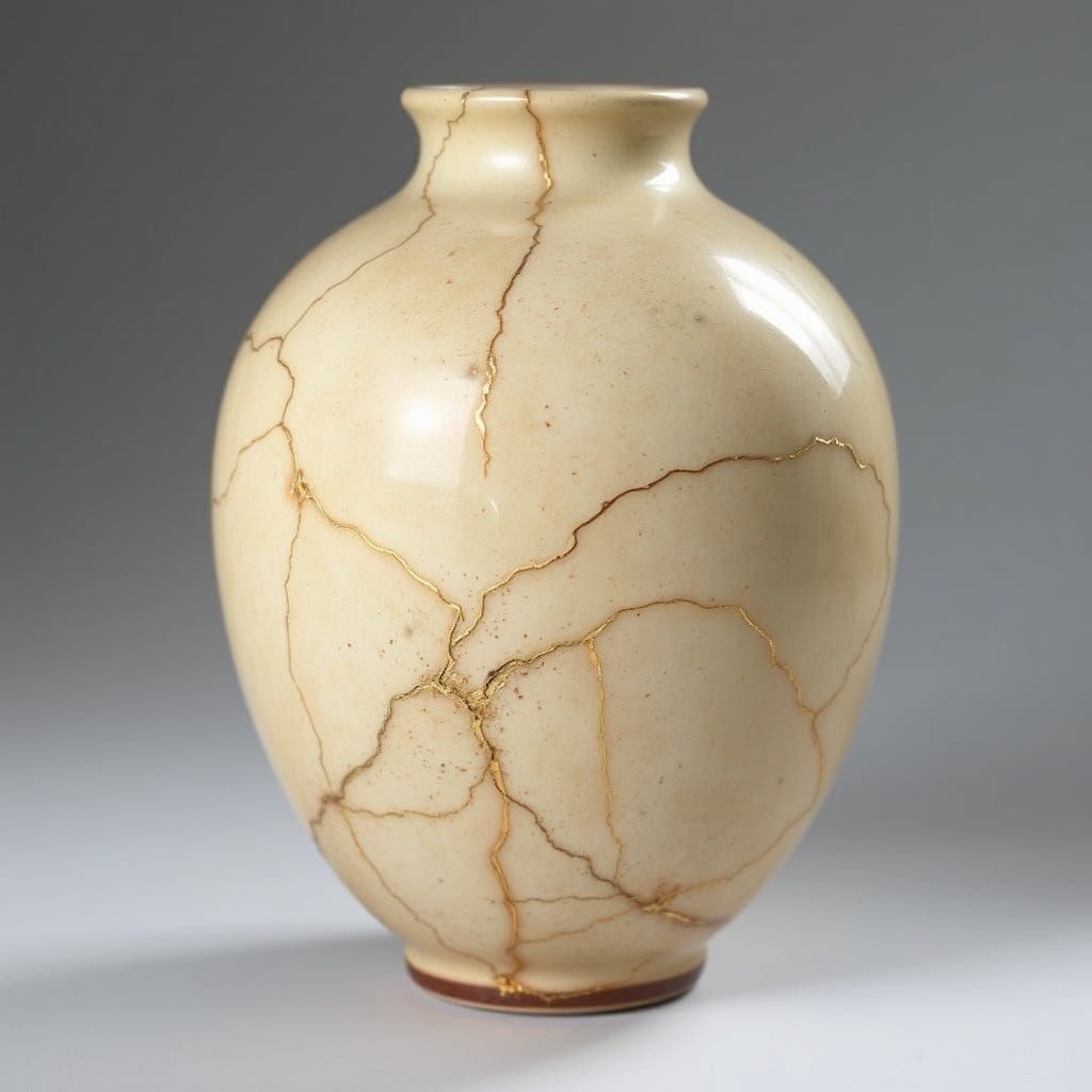 Ceramic Vase with Golden Kintsugi Accents in Traditional Jap...