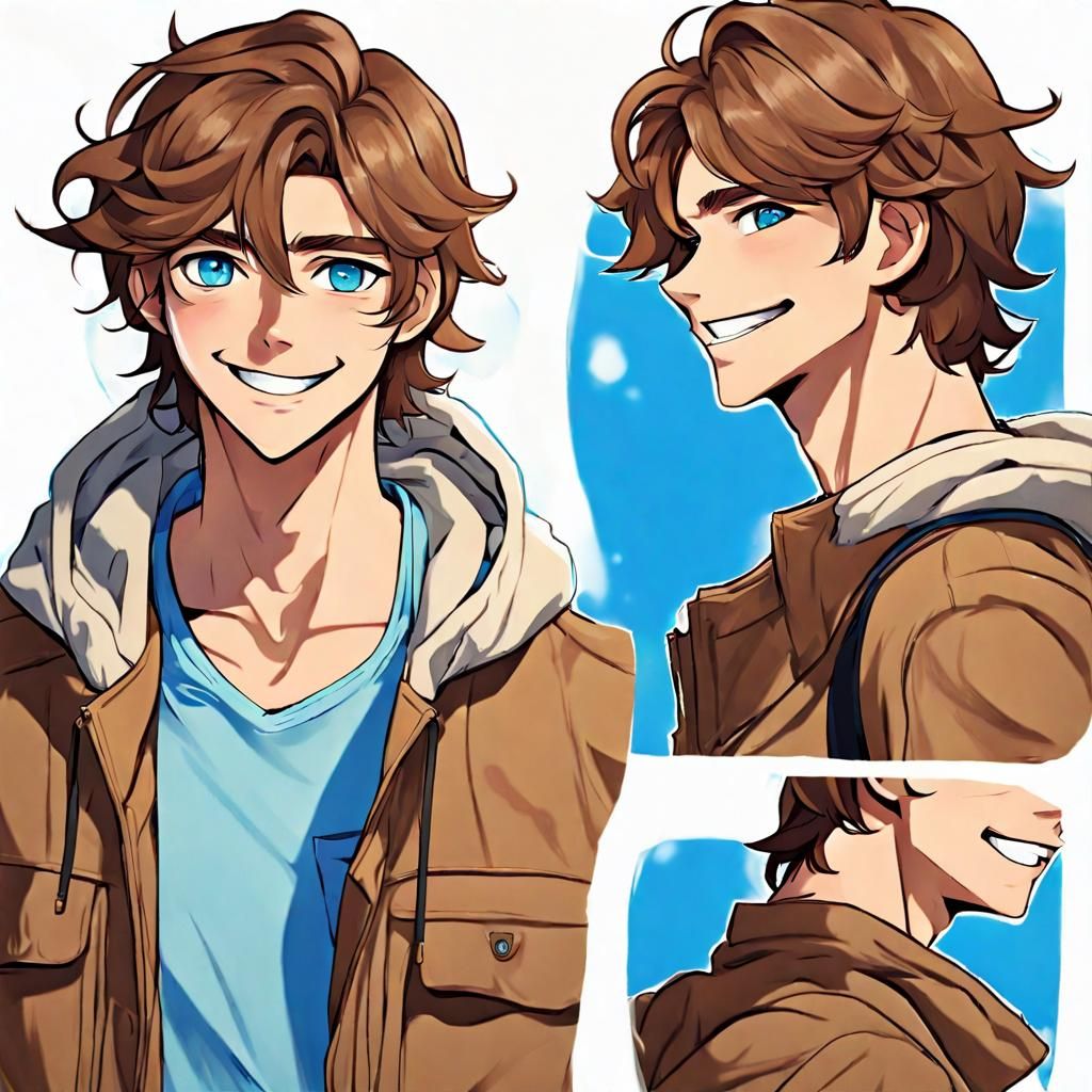 Cheerful Man in Outdoorsy Anime Art Style