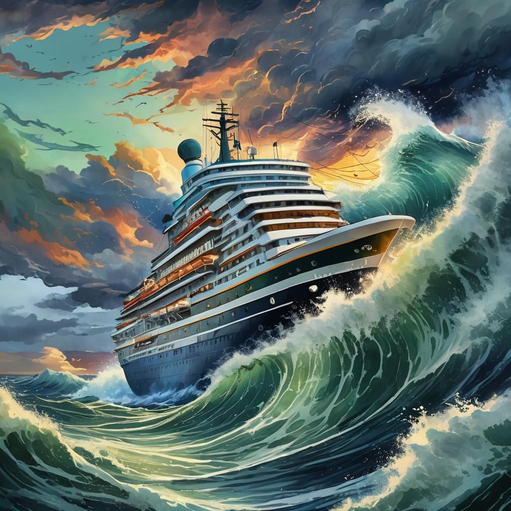 Cruise Ship Sails Stormy Sea in Anime Watercolor