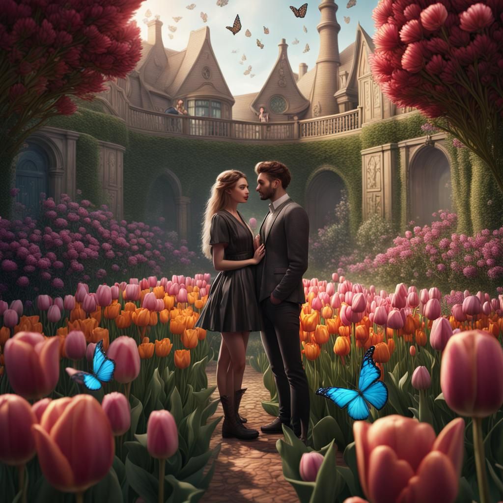 Couple in Tulip Garden with Butterflies