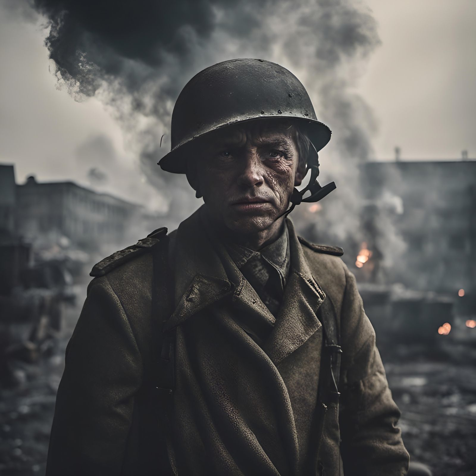 Distant WW2 Battle in Smoke, Portrait Style