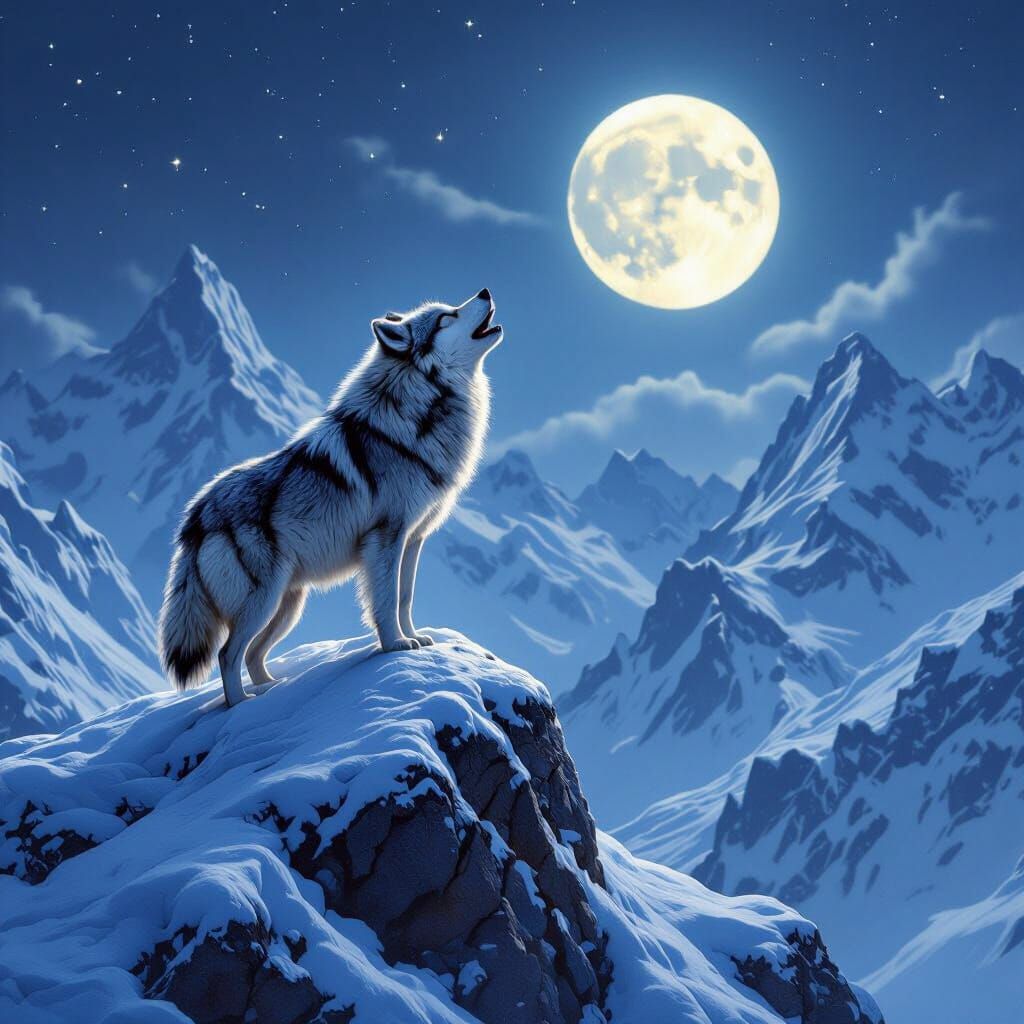 Lone Wolf Howling at Moon, Hyperrealistic Style
