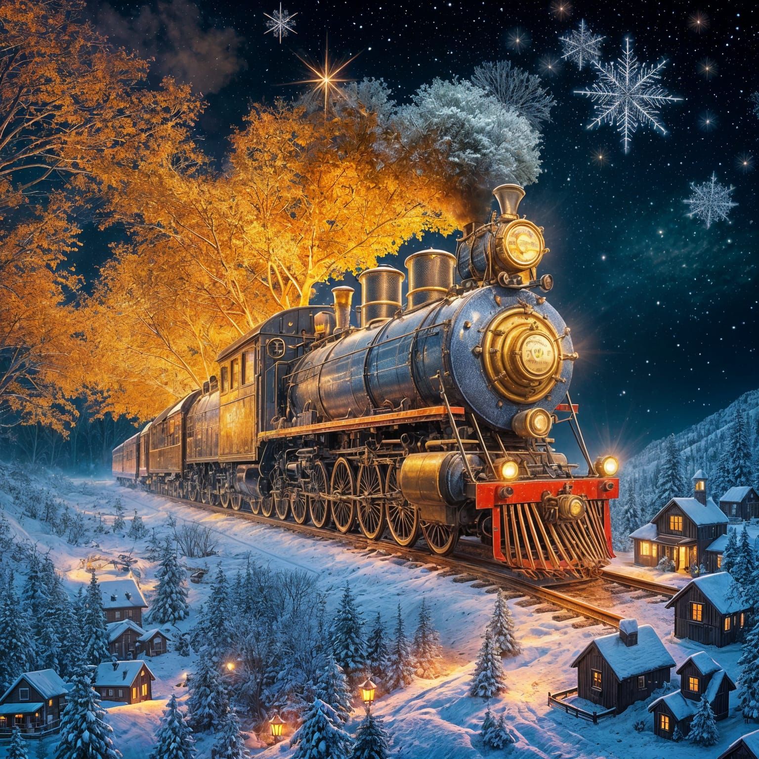 Magical Steam Train Soaring Through Starry Night
