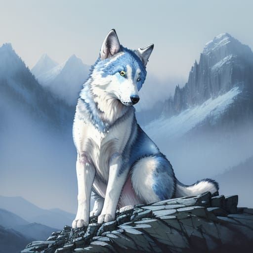 Snow Wolf Puppy on Rocky Ledge in Watercolour Style