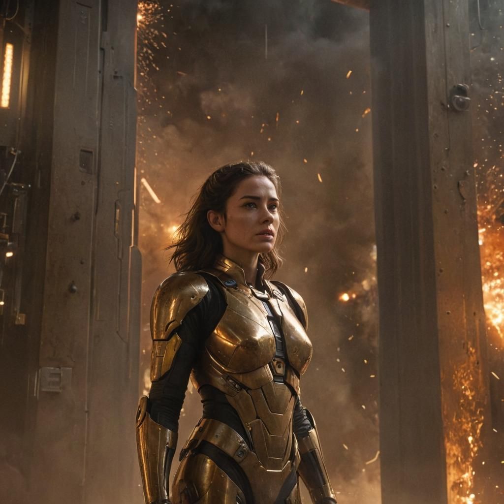 Serene Woman Before Blast Door in Photorealistic Sci-Fi