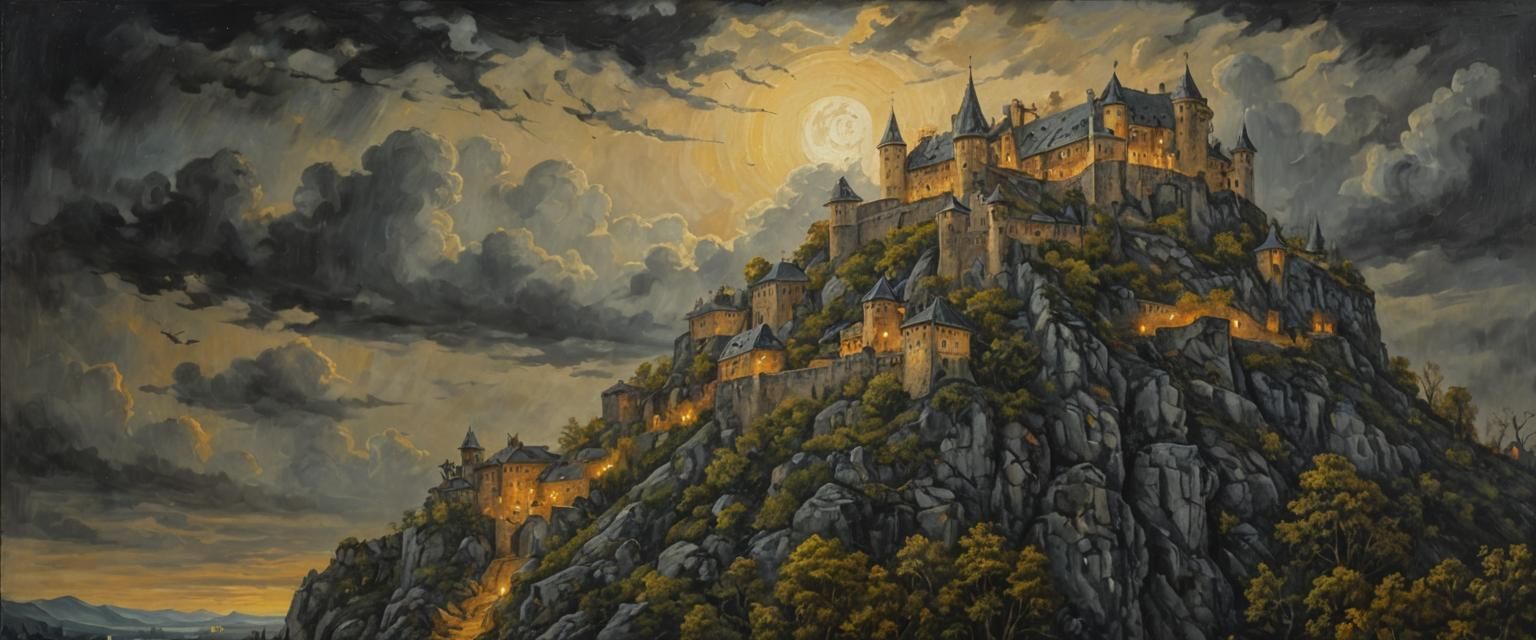 Gothic Castle Illuminated by Candles: Oil Painting