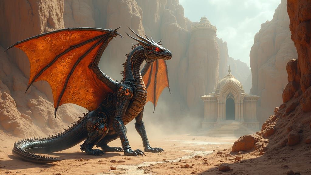 Cybernetic Copper Dragon Guards Mystical Desert Temple