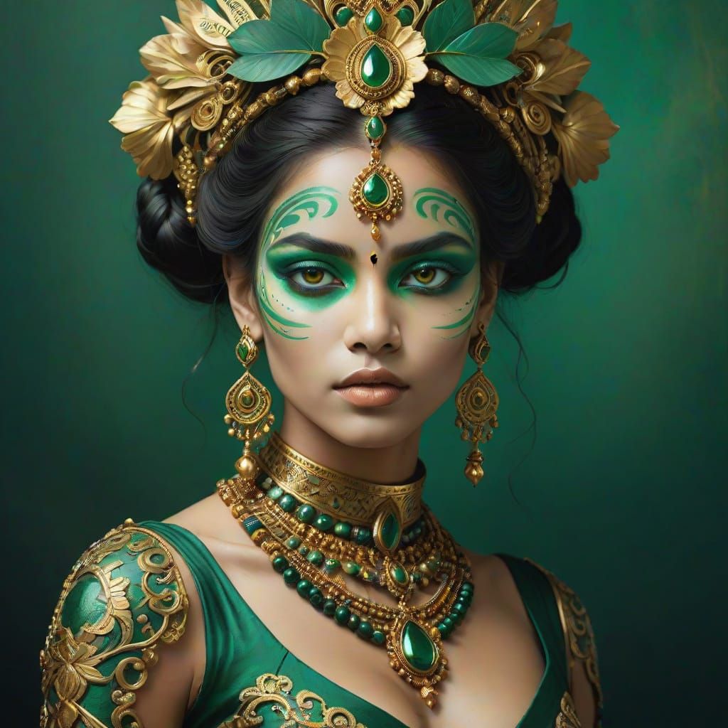 Mystical Figure with Gold Body Art and Regal Jewelry