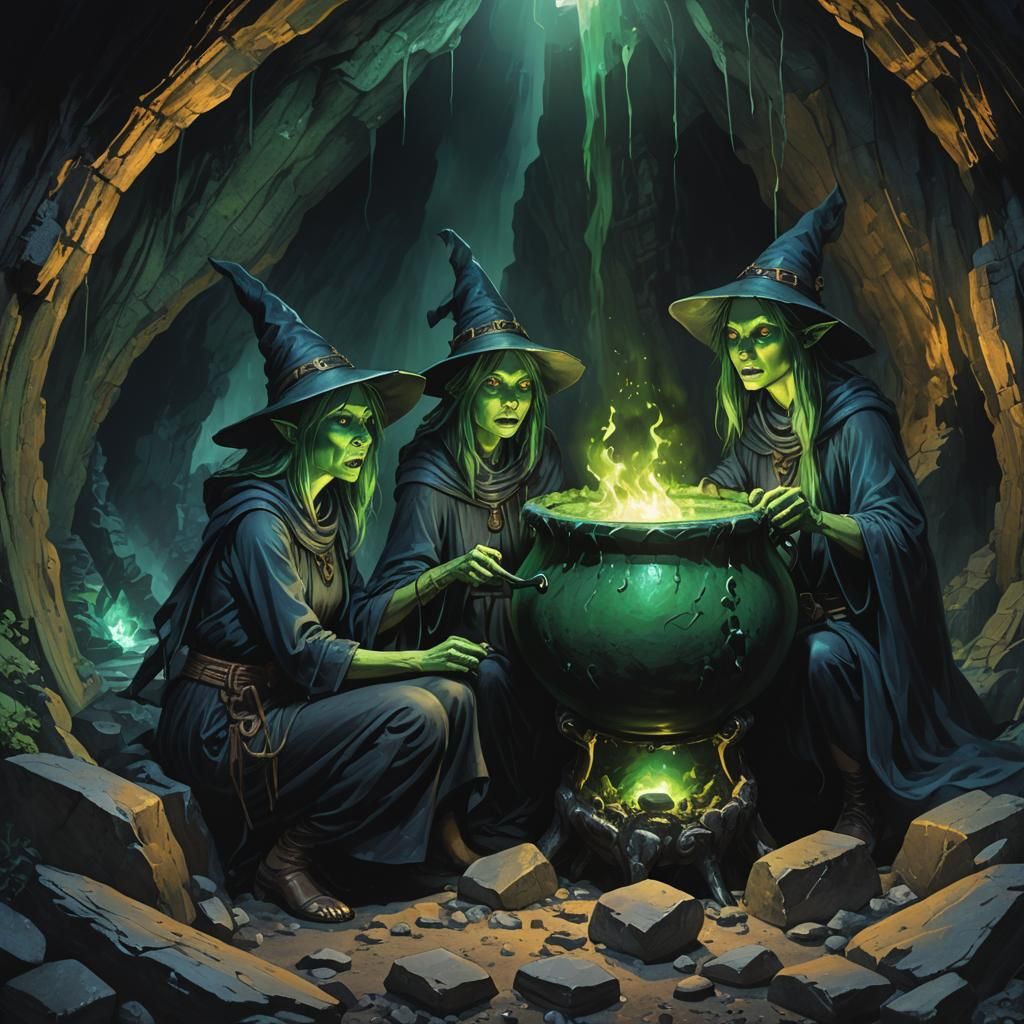 Green Witches Around Cauldron: Dark Fantasy Art
