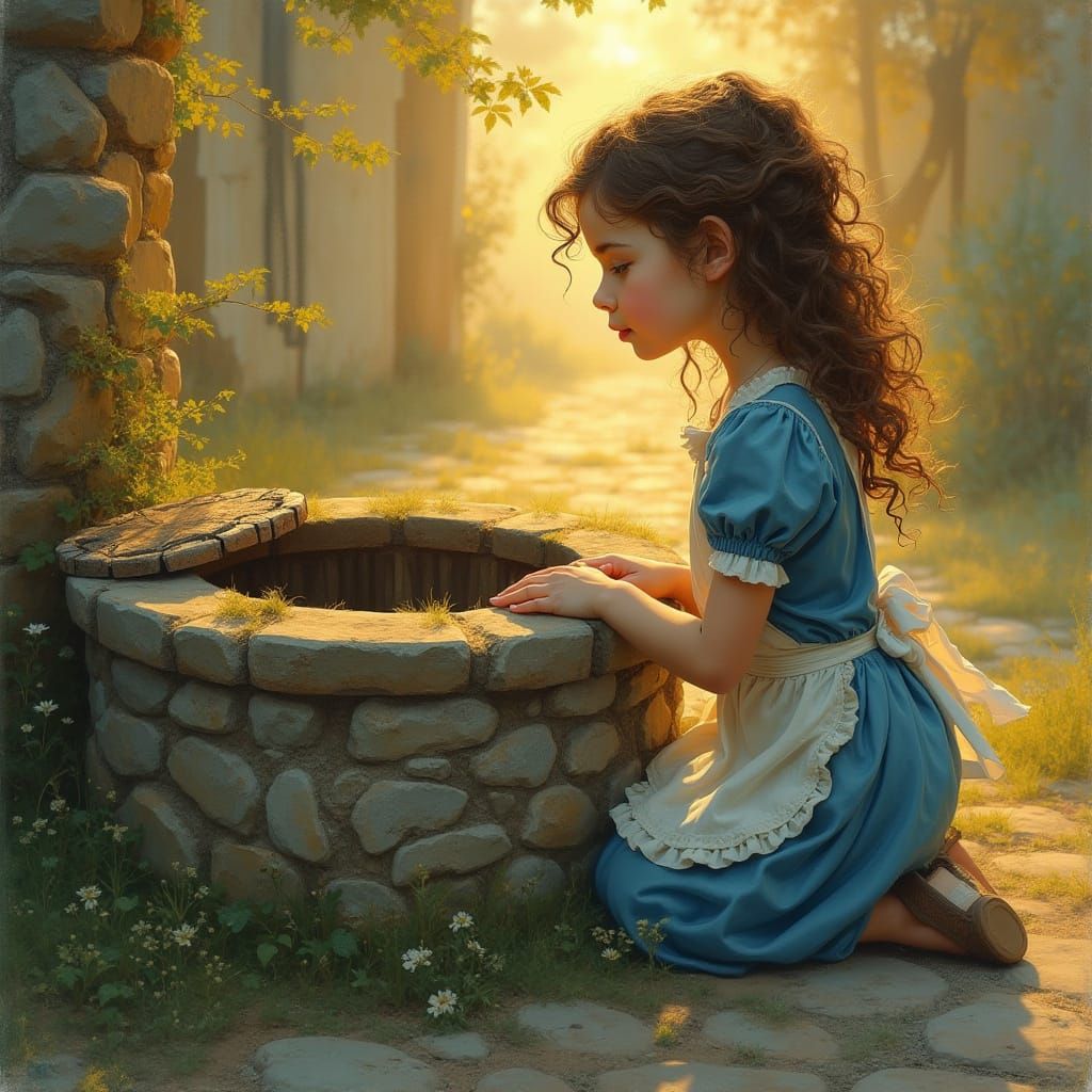 Young Girl's Somber Reflection at an Ancient Well