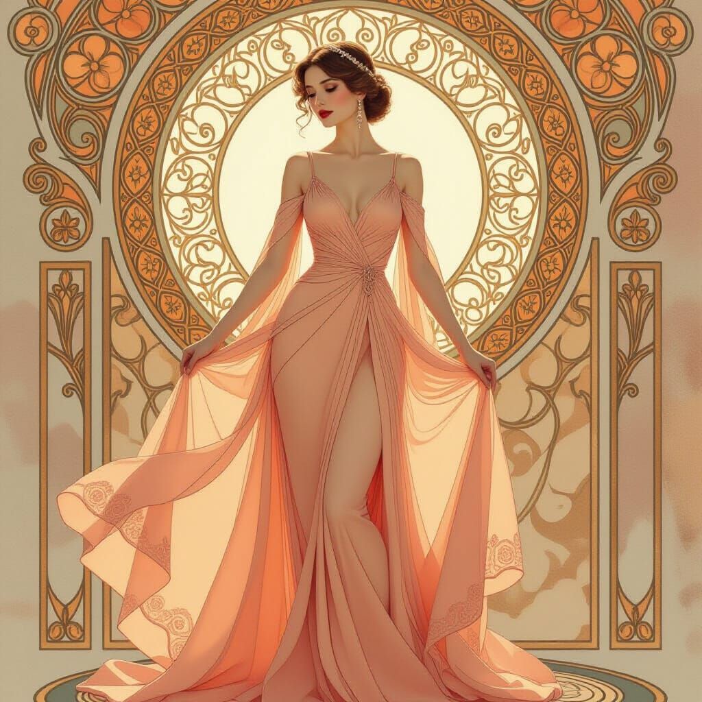 Woman in Peach Gown: Art Nouveau Digital Painting