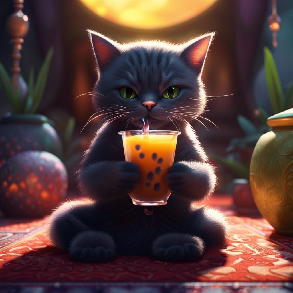 Cat Sipping Boba Tea: Detailed Digital Painting
