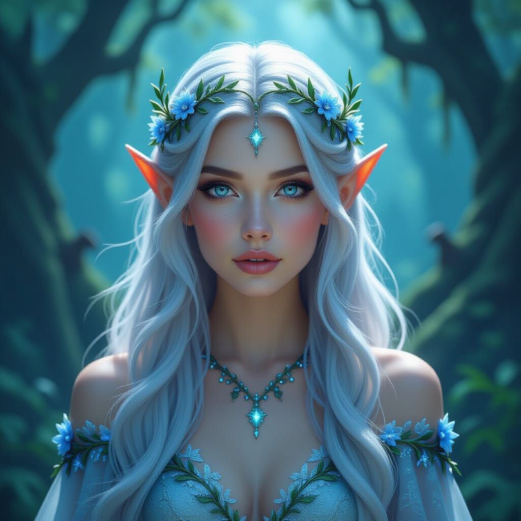 Enchanting Elf Queen in Mystical Forest Setting