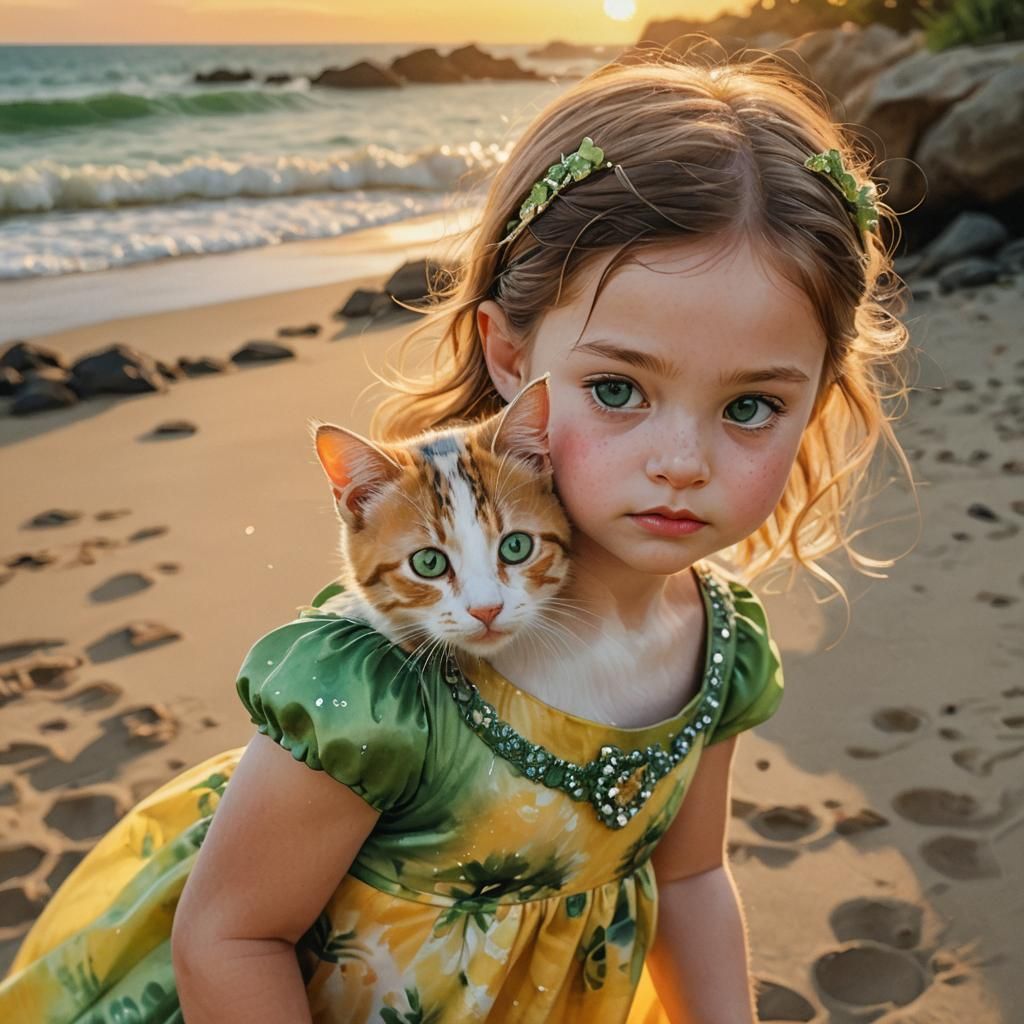 Girl and Kitten Gaze at Sunset: Hyper-Realistic Digital Art