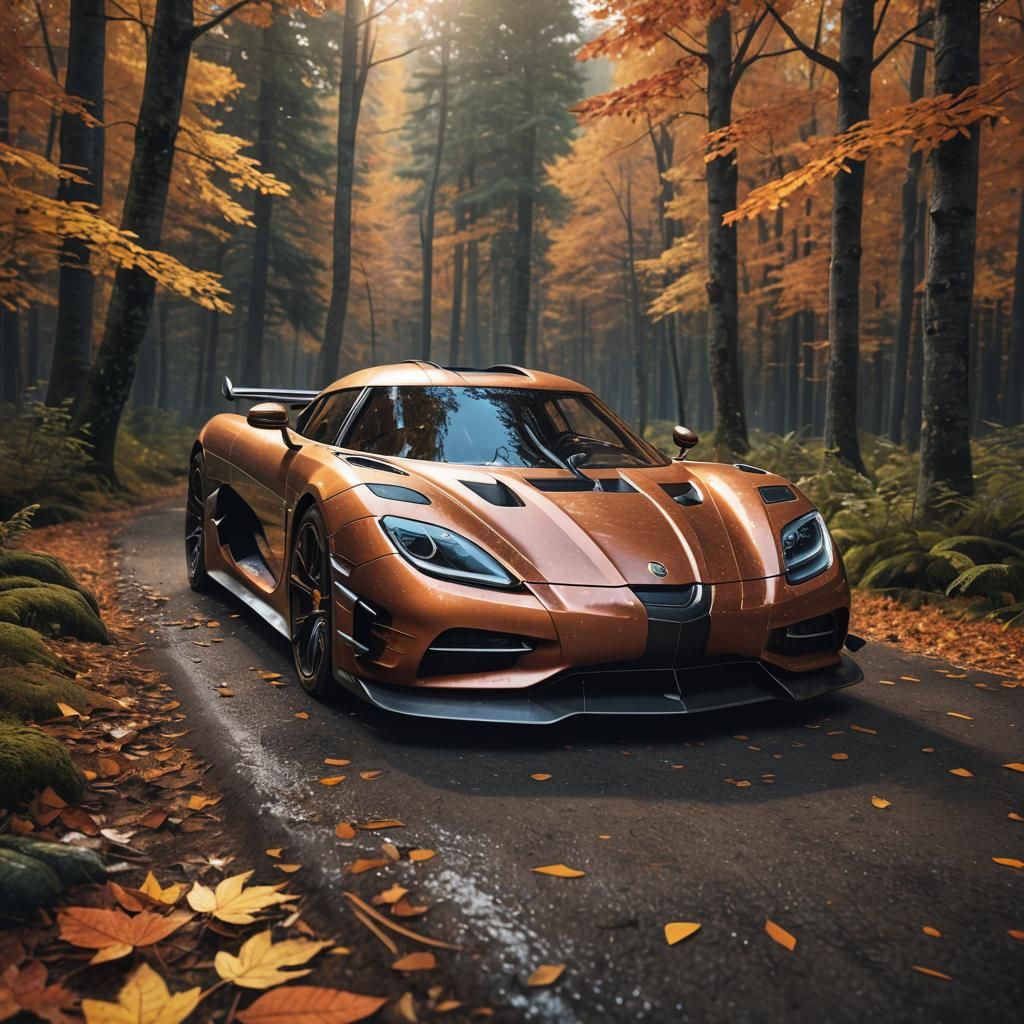 Futuristic Koenigsegg in Autumn Forest, 3D Render