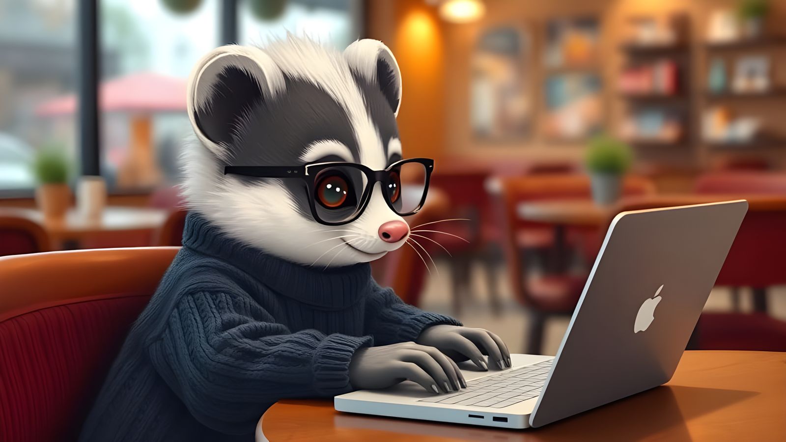 Cute Skunk Typing in a Cozy Cafe