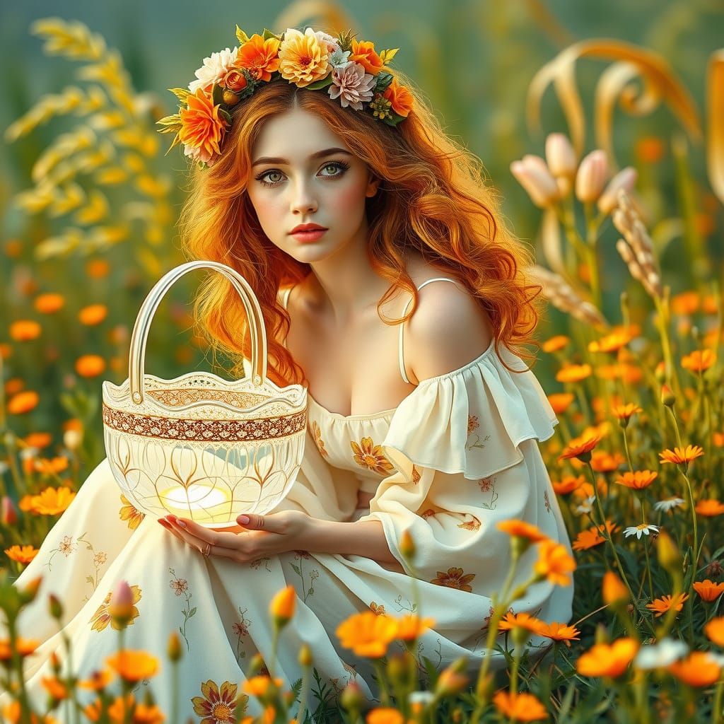 Woman in Meadow with Glowing Basket, Art Nouveau Style