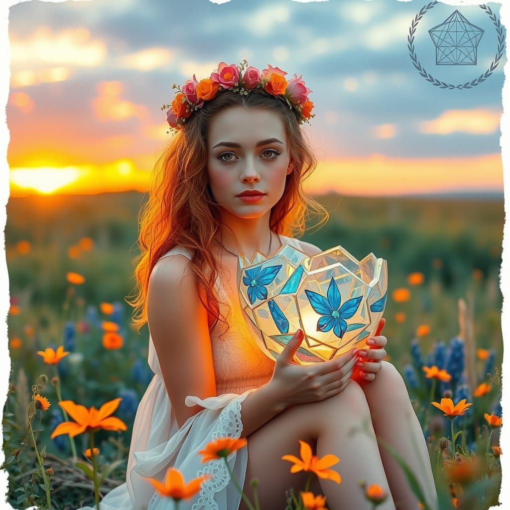 Woman with Glowing Basket in Art Nouveau Meadow