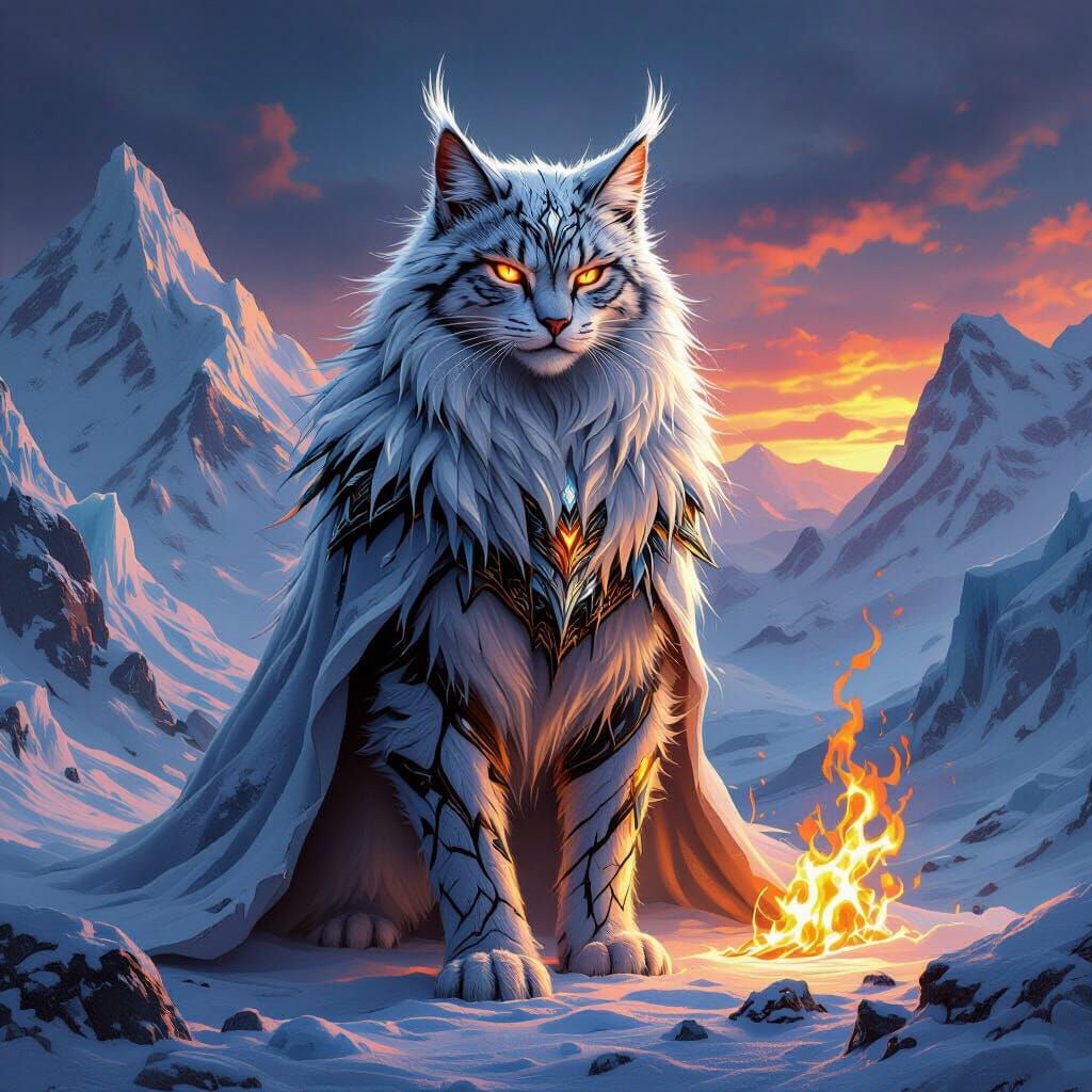 Ice and Fire Cat Warrior in Epic Fantasy Art Style