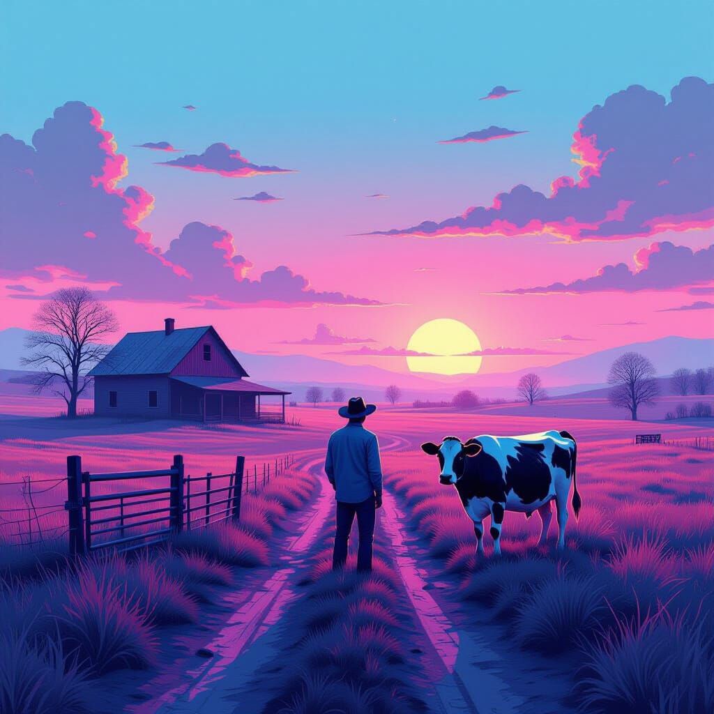 Surreal Vaporwave Farm with Lone Farmer