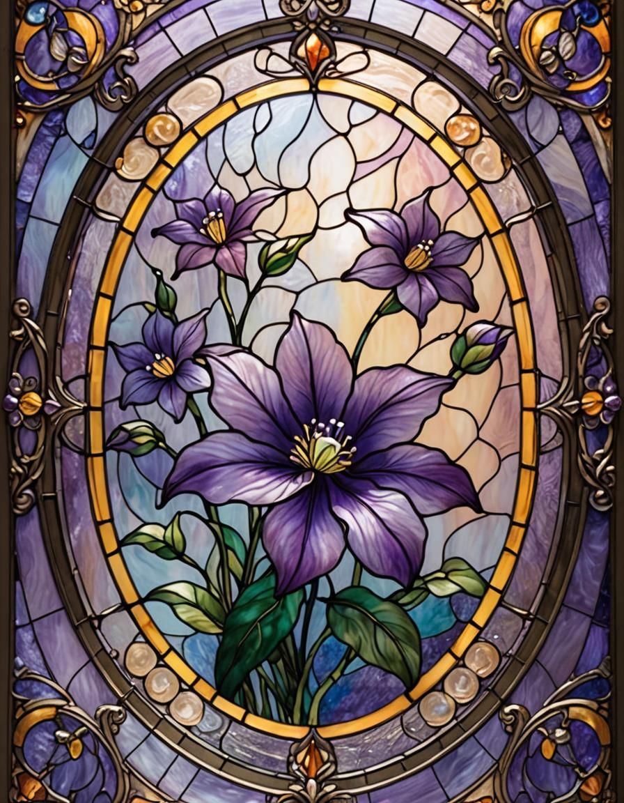 Stained Glass Balloon Flower in Ethereal Art Deco Frame