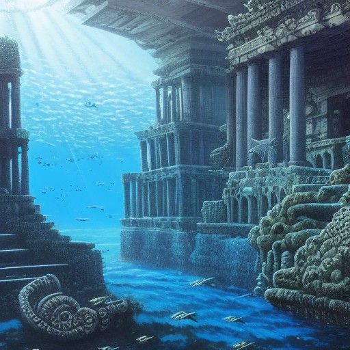 Detailed Underwater Temple of Atlantis in Blue