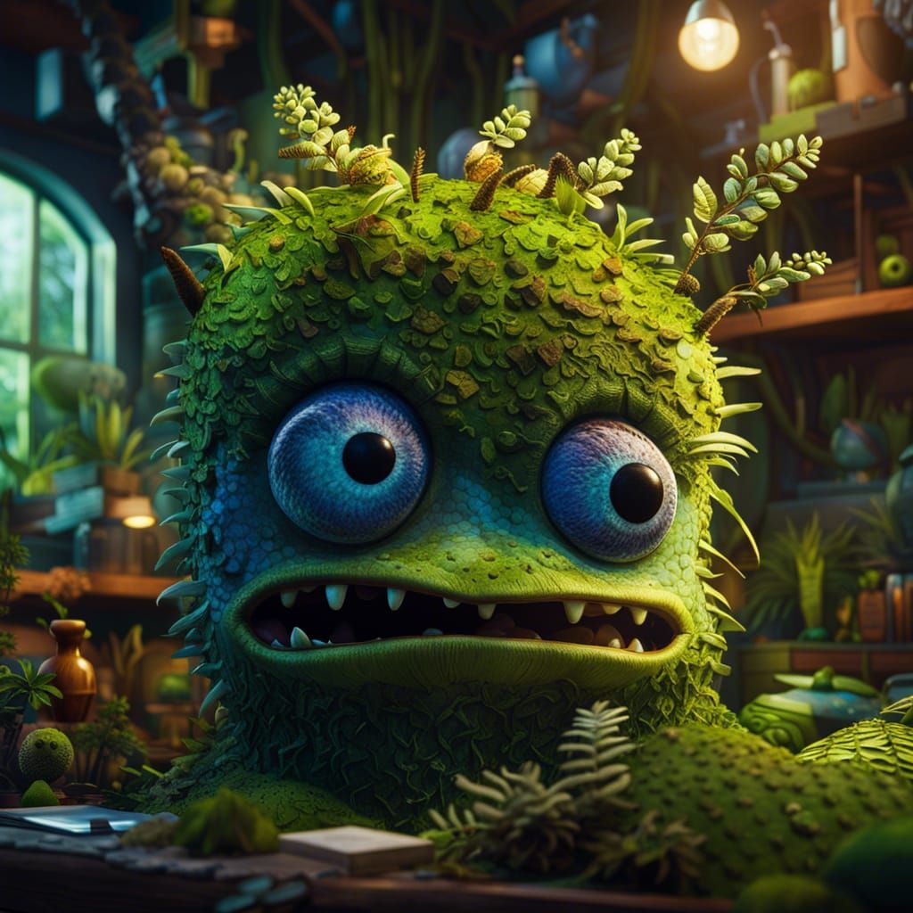 Hyperrealistic Mossy Monster in Botanist Habitat