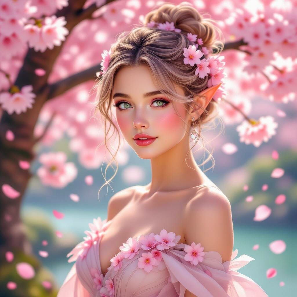 Elven Woman in Cherry Blossom Dress as Oil Painting