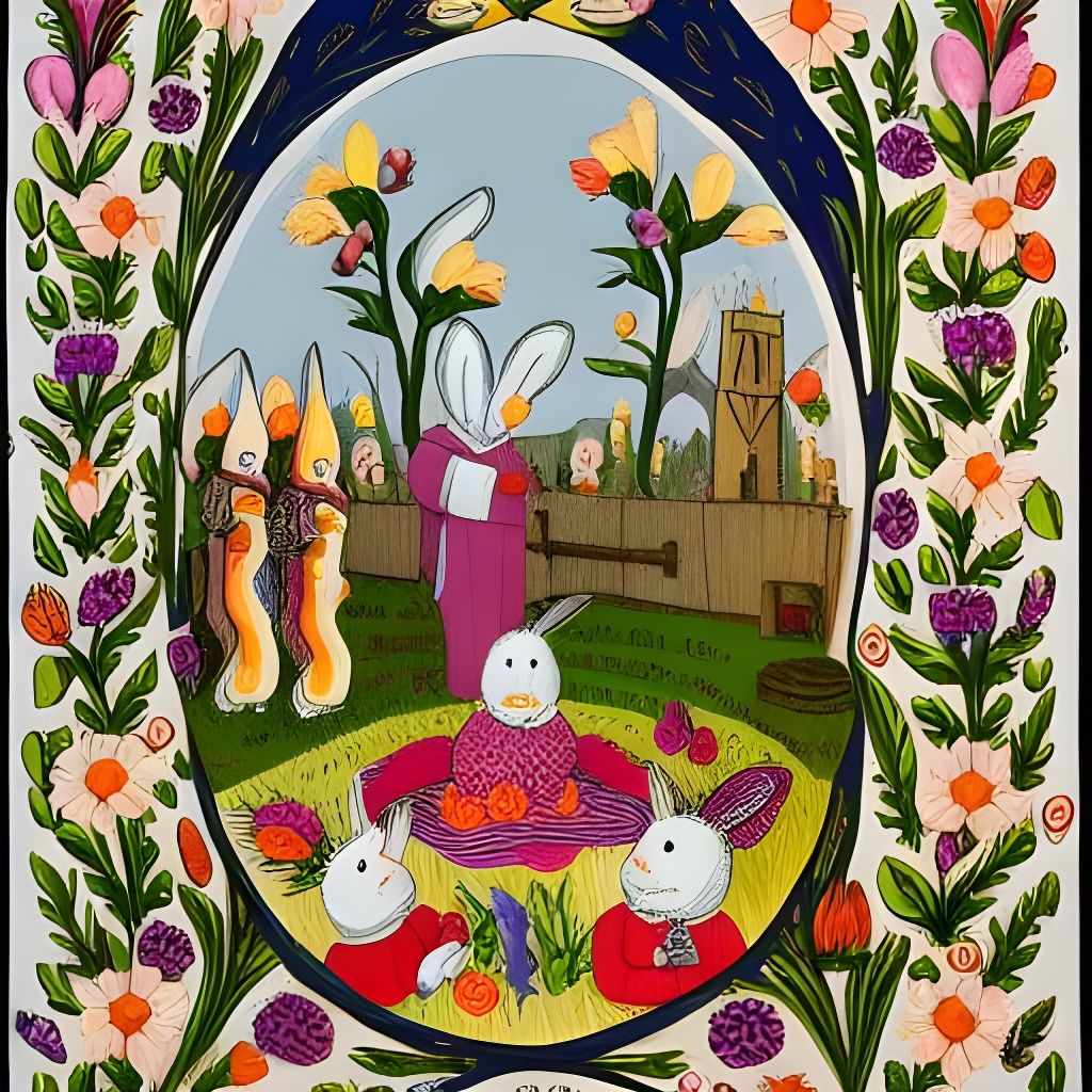 Easter Bunny Funeral in Folk Art Style
